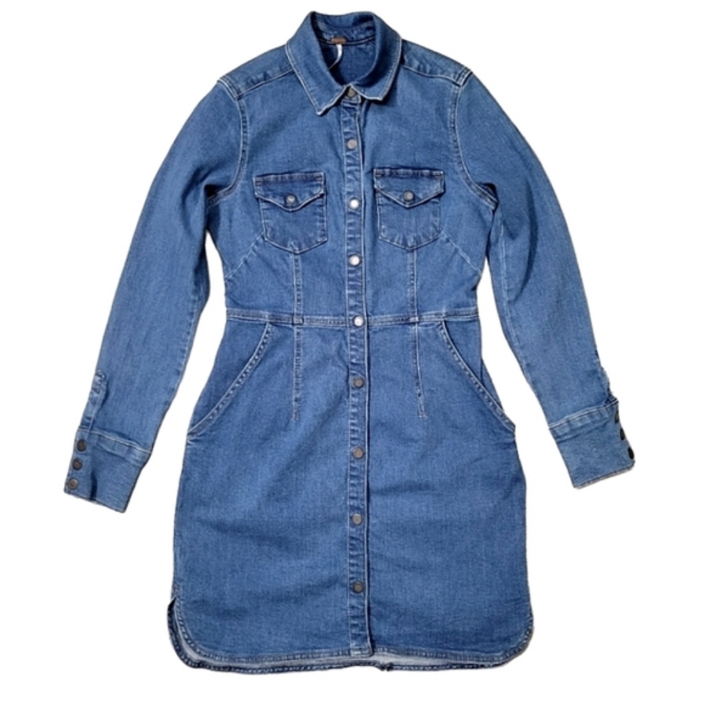 Free People Denim Long Sleeve Snap Button Dress Size XS